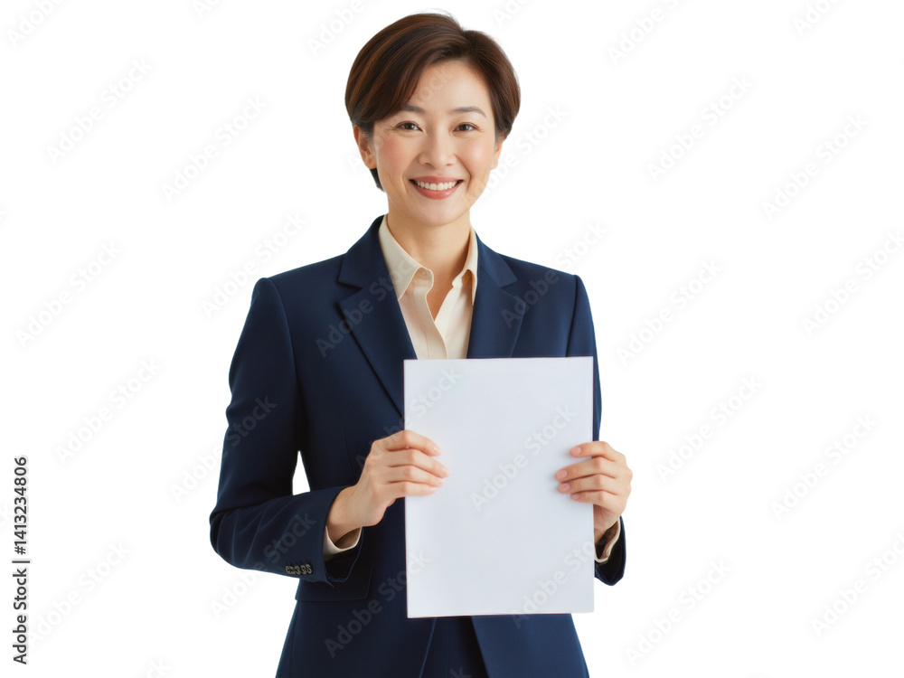 Business portrait isolated on white transparent background: A smiling Asian woman in a navy suit holds a blank white paper, presenting it confidently to the viewer against a clean white background. Business portrait isolated on white transparent background: A smiling Asian woman in a navy suit holds a blank white paper, presenting it confidently to the viewer against a clean white background.