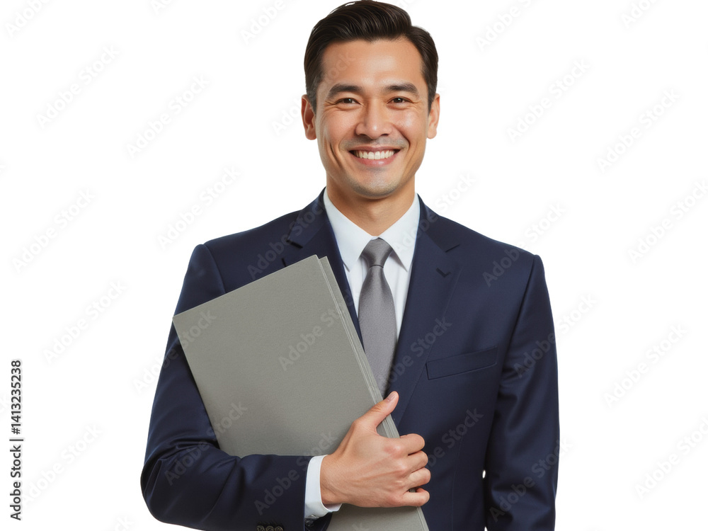 Business portrait isolated on white transparent background: A smiling Asian man in a dark navy suit and tie confidently holds a folder, conveying professionalism and readiness. Business portrait isolated on white transparent background: A smiling Asian man in a dark navy suit and tie confidently holds a folder, conveying professionalism and readiness.
