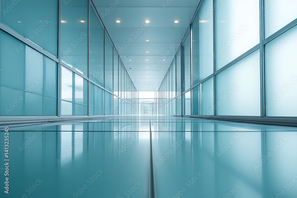 Empty futuristic hallway with glass walls and soft blue lighting Empty futuristic hallway with glass walls and soft blue lighting
