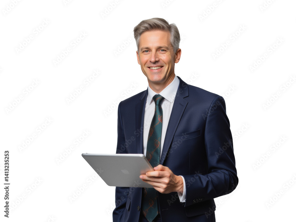 Business portrait isolated on white transparent background: A mature man in a dark suit and tie confidently holds a tablet while smiling directly at the camera against a plain white background. Business portrait isolated on white transparent background: A mature man in a dark suit and tie confidently holds a tablet while smiling directly at the camera against a plain white background.