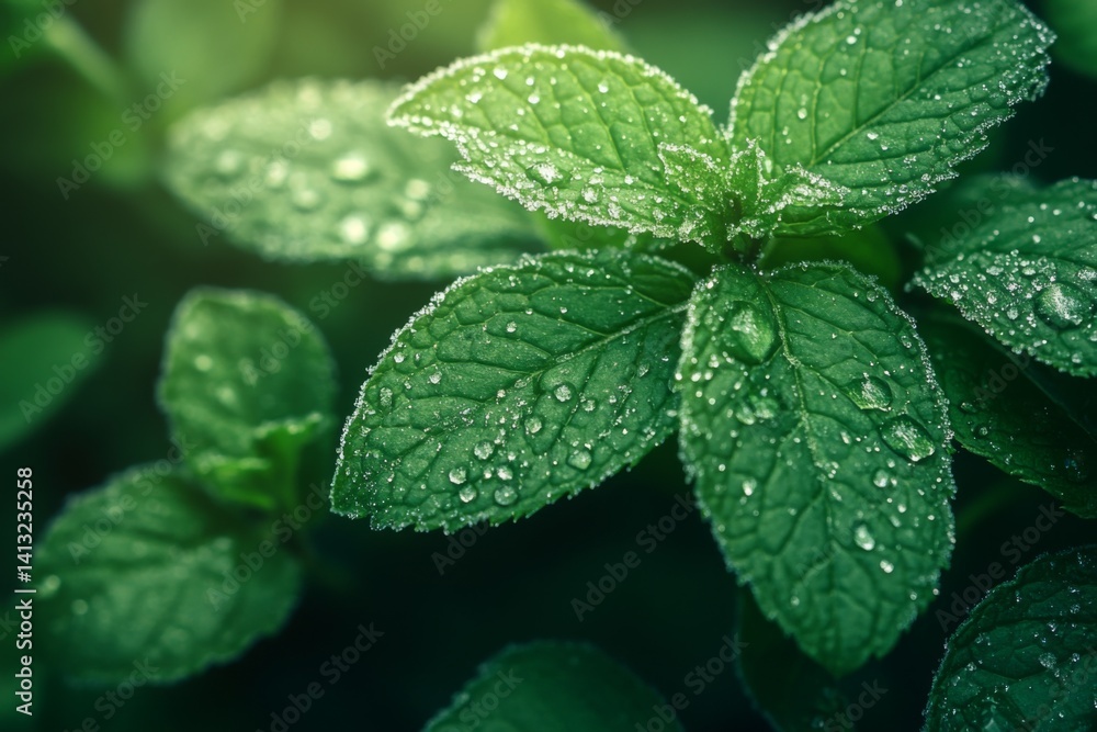 Fresh green mint leaves with water droplets in close-up macro shot