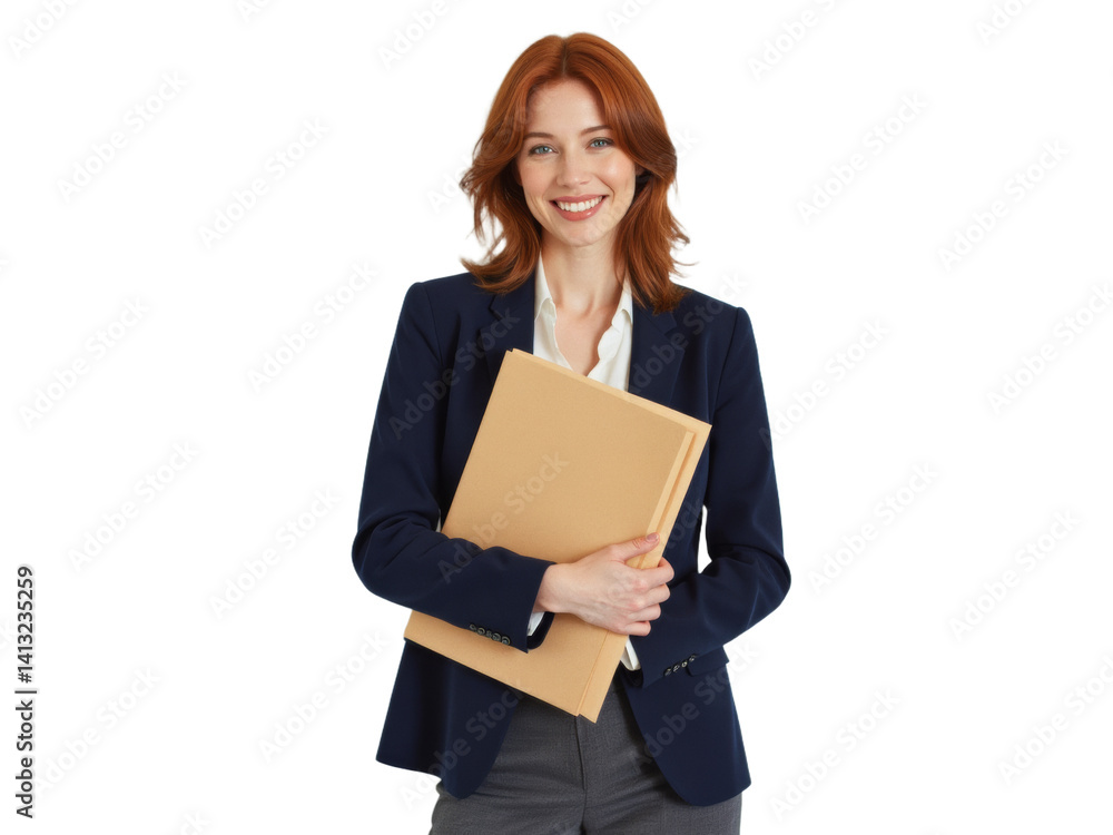 Business portrait isolated on white transparent background: A smiling woman with red hair, dressed in a navy blazer and white shirt, confidently holds a folder while standing against a white backdro Business portrait isolated on white transparent background: A smiling woman with red hair, dressed in a navy blazer and white shirt, confidently holds a folder while standing against a white backdro