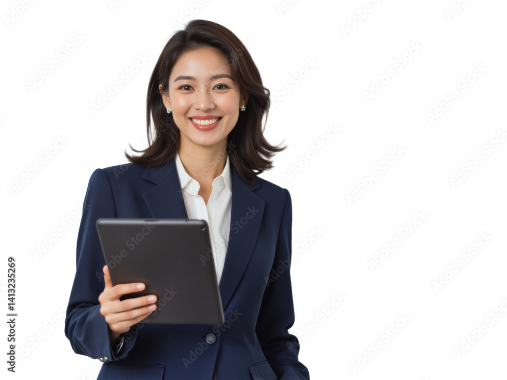 Business portrait isolated on white transparent background: A smiling Asian woman in a navy blazer and white shirt confidently holds a tablet against a plain white background. Business portrait isolated on white transparent background: A smiling Asian woman in a navy blazer and white shirt confidently holds a tablet against a plain white background.