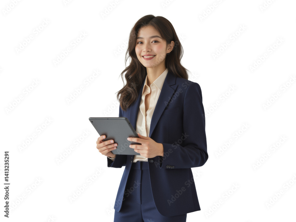 Business portrait isolated on white transparent background: A confident young Asian woman in a navy suit holds a tablet and smiles while leaning against a white wall. Business portrait isolated on white transparent background: A confident young Asian woman in a navy suit holds a tablet and smiles while leaning against a white wall.