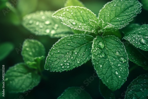 Obraz na płótnie Fresh green mint leaves with water droplets in close-up macro shot w salonie