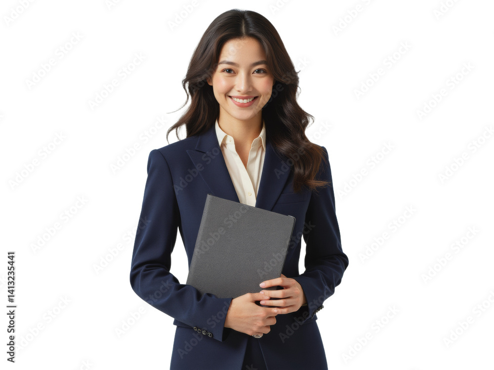 Business portrait isolated on white transparent background: A smiling Asian woman in a navy suit holds a clipboard, exuding confidence and professionalism against a clean white background. Business portrait isolated on white transparent background: A smiling Asian woman in a navy suit holds a clipboard, exuding confidence and professionalism against a clean white background.