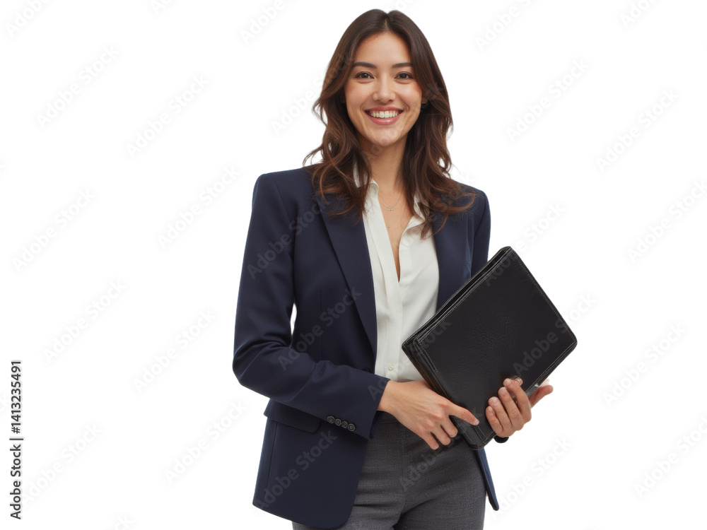 Business portrait isolated on white transparent background: A confident young woman in a professional suit smiles warmly while holding a portfolio, exuding an air of competence and success against a Business portrait isolated on white transparent background: A confident young woman in a professional suit smiles warmly while holding a portfolio, exuding an air of competence and success against a