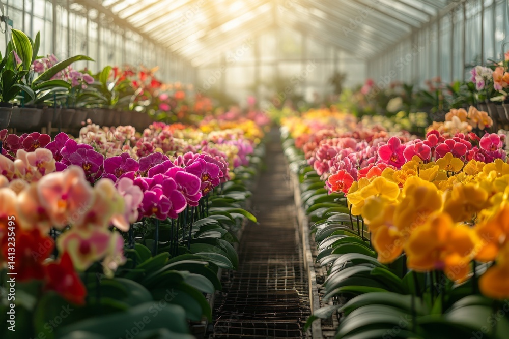 Colorful blooming tulips in a large commercial greenhouse during daylight