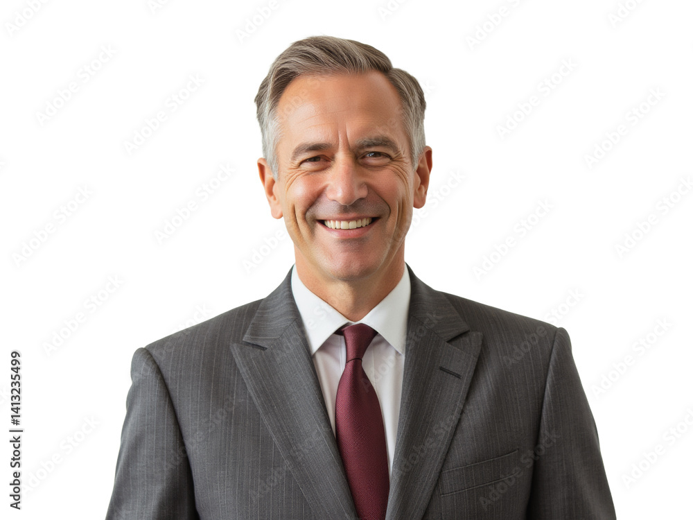 Business portrait isolated on white transparent background: A mature, gray-haired man in a suit smiles confidently at the camera against a plain white background. Business portrait isolated on white transparent background: A mature, gray-haired man in a suit smiles confidently at the camera against a plain white background.