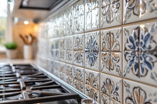 Close-up of decorative ceramic kitchen tiles with floral patterns