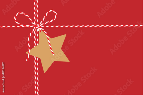 Flat red background, banner gift tied up with cotton red rope bakers twine bow and ribbons with blank kraft paper star tag. Packing string for present, pastry box for New Year, Christmas. Vector EPS10