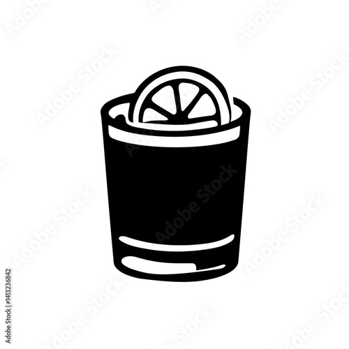 Minimalist black silhouette of an Old Fashioned cocktail tumbler with orange slice