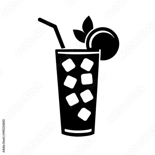 Minimalist black silhouette of a highball glass with ice and lime for Mojito cocktail