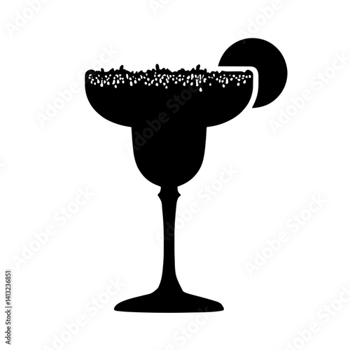 Minimalist black silhouette of a margarita glass with salt rim and citrus garnish