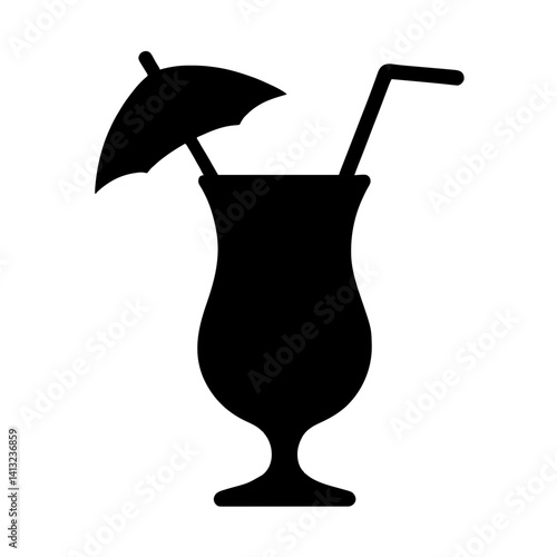 Minimalist black silhouette of a hurricane glass with straw and umbrella symbolizing tropical Hurricane cocktail