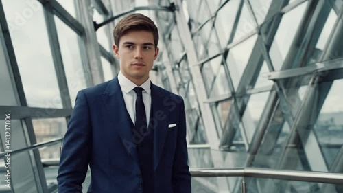 Wallpaper Mural Confident Young Businessman in Formal Attire inside Contemporary Glass Office Building, Pensive Gaze Torontodigital.ca