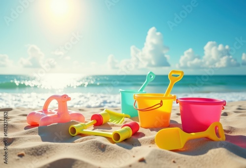 Wallpaper Mural colorful beach toys vibrant diversity sand shoreline sunny day fun outdoor activities, pail, shovel, ball, starfish, seashell, castle, umbrella, mat Torontodigital.ca
