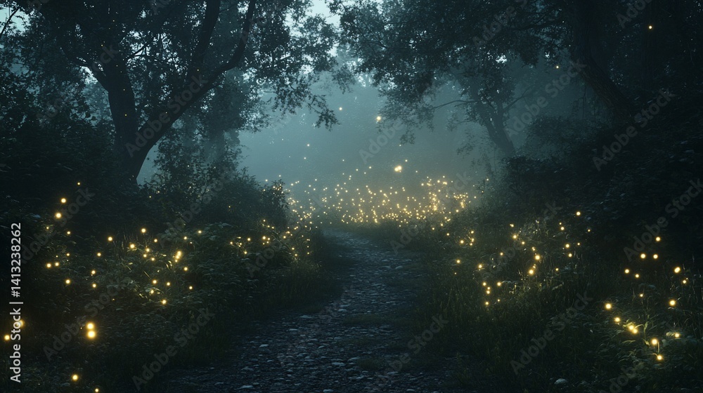 Forest path with fireflies glows in misty evening light through trees Forest path with fireflies glows in misty evening light through trees