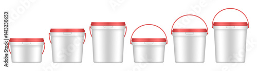 White plastic buckets with red handle and lid. Vector mockup of a food or building mixtures packaging. A bucket of paint or putty. Small, medium and large sizes