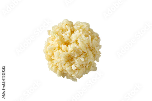 A top down view of a pile of minced garlic, against a white background.