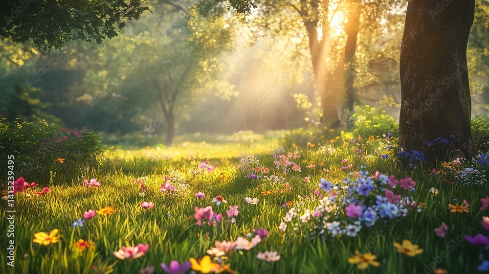 Obraz premium Beautiful Spring Meadow Sunlight Flowers Nature Scene Vibrant Colors Lush Green Grass Tranquil Peaceful Serene Summer Daytime Outdoor Background Image