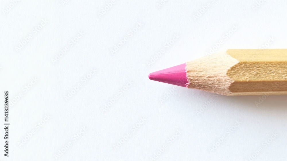 Obraz premium Macro Photograph of Single Pink Colored Pencil with Wooden Shaft on White Background in Sharp Focus