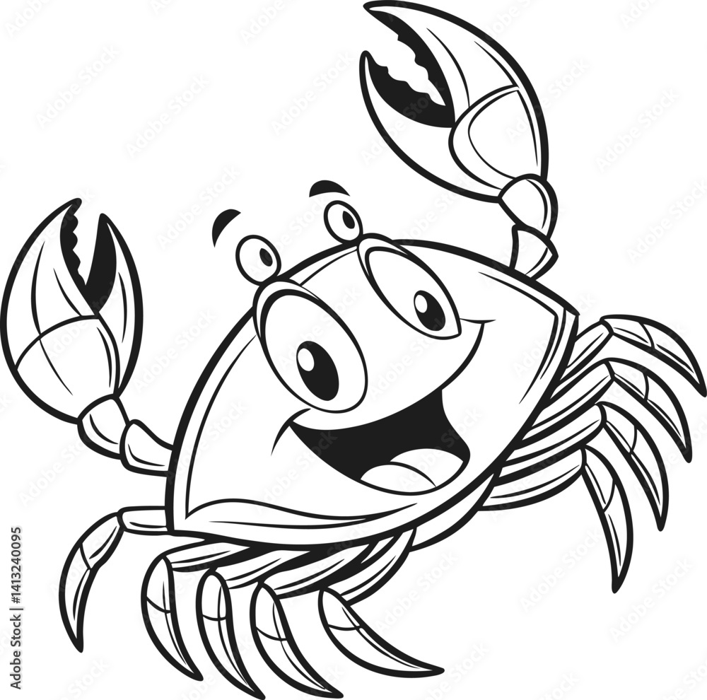 Smiling Cartoon Crab Illustration with Playful Expression and Raised Claws

