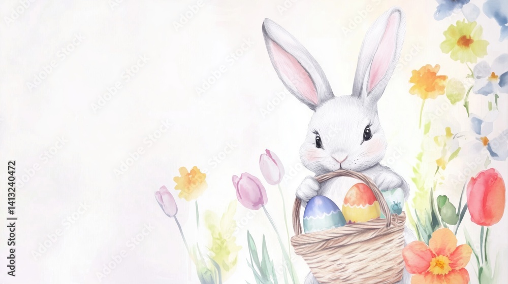 Obraz premium Easter bunny holding a basket of eggs, surrounded by flowers, watercolor style.