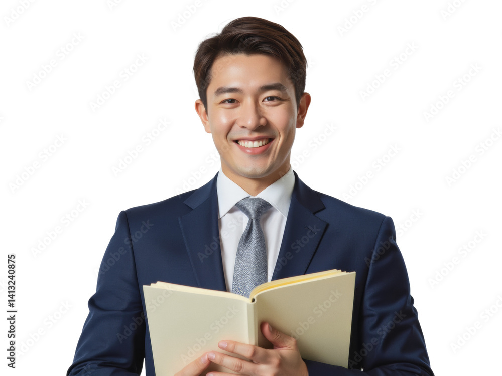 Business portrait isolated on white transparent background: A smiling Asian man in a dark suit and tie confidently holds an open notebook, conveying professionalism and knowledge. Business portrait isolated on white transparent background: A smiling Asian man in a dark suit and tie confidently holds an open notebook, conveying professionalism and knowledge.