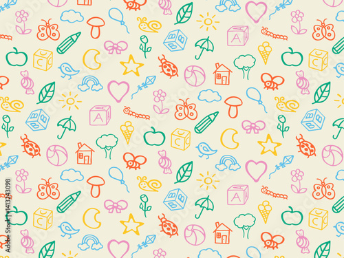 Fun cute seamless pattern of kids colorful stickers, icons. Hand drawn doodles sketch children's elements. Сhildren's draw style design elements
