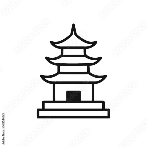 日本の伝統的な塔（パゴダ）を描いたミニマルな黒のラインアイコン。文化、建築、精神性、歴史的遺産を象徴。