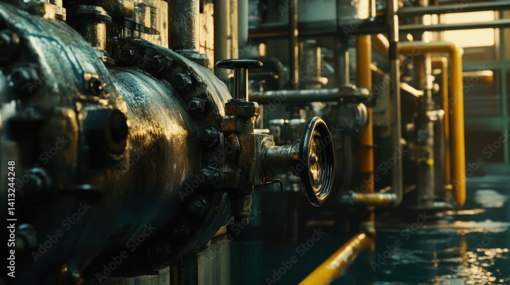 Fototapeta premium Industrial Pipe System in a Modern Facility with Reflections and Light