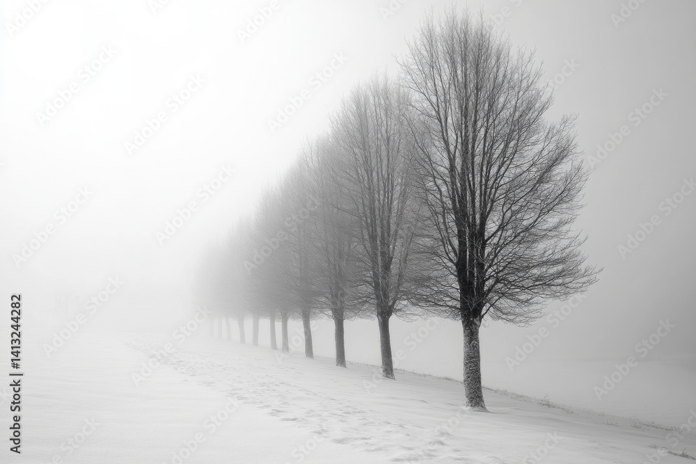 Fototapeta premium Row of snow-covered trees standing tall in a winter forest, creating a serene and picturesque landscape.
