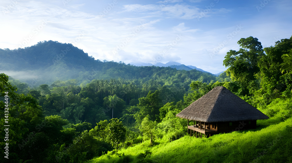 Serene mountain landscape with lush greenery. Serene mountain landscape with lush greenery.