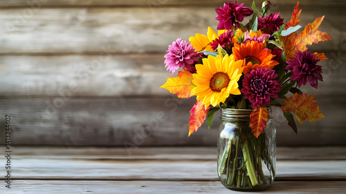 Wallpaper Mural A vibrant autumn bouquet with sunflowers, dahlias, and colorful maple leaves, arranged in a mason jar and placed on a rustic wooden table. Torontodigital.ca