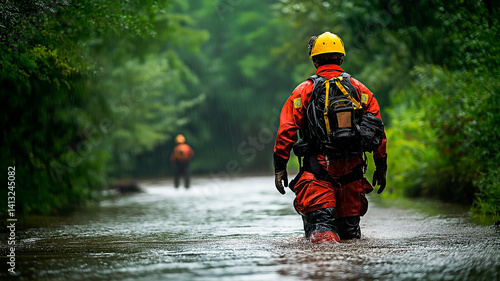 A group of rescue workers wearing protective gear walks through a flooded forest path during an emergency response. Concept of courage, climate disaster, and community protection during natural emerge