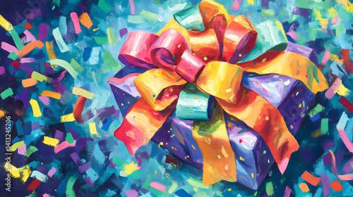 A vibrant birthday gift with colorful confetti paper and a playful bow, bringing festive joy to the celebration.