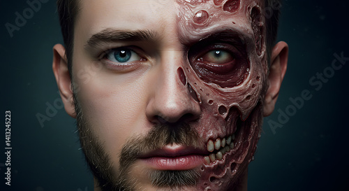 Human face half zombie half normal, hyper-realistic style