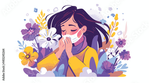 Spring Allergy Attack: Woman Sneezing Amidst Blooming Flowers, Seasonal Allergy Symptoms,           