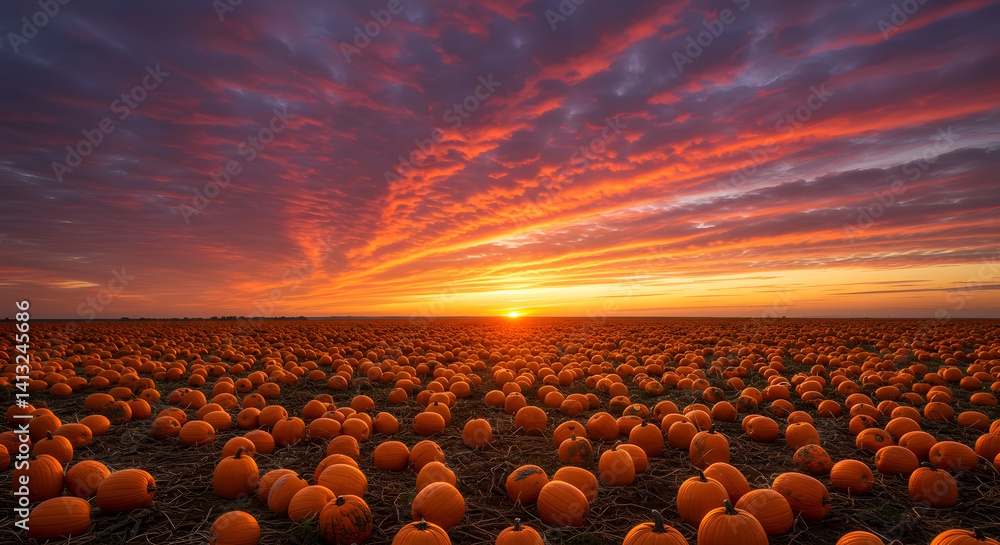 Obraz premium Pumpkin field at sunset with dramatic sky