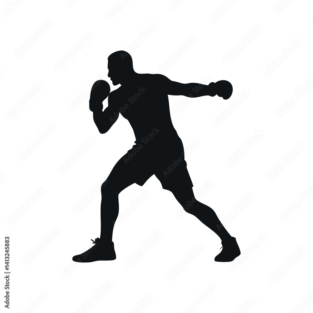 Obraz premium Black Silhouette Of Male Boxer Throwing Punch In Boxing Gloves On A White Background Professional Sport Vector Illustration