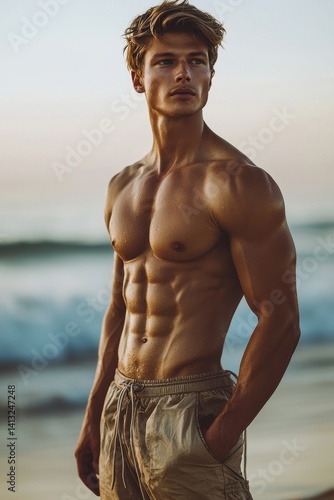 Obraz na płótnie Muscular man by ocean with toned physique showcasing fitness and strength w salonie