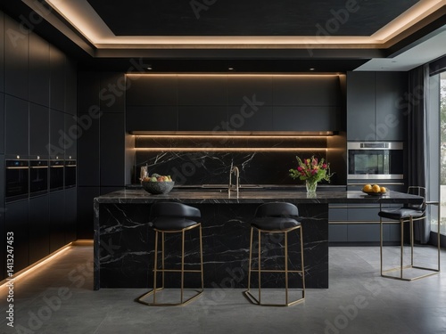 Wallpaper Mural A modern black kitchen featuring a stylish marble countertop design Torontodigital.ca