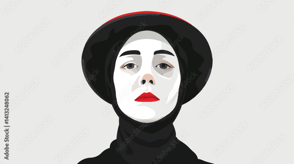 Silent Act: A Classic Female Mime, Flat Vector Illustration, Isolated on White Background, Perfect Silent Act: A Classic Female Mime, Flat Vector Illustration, Isolated on White Background, Perfect