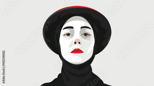 Silent Act: A Classic Female Mime, Flat Vector Illustration, Isolated on White Background, Perfect  