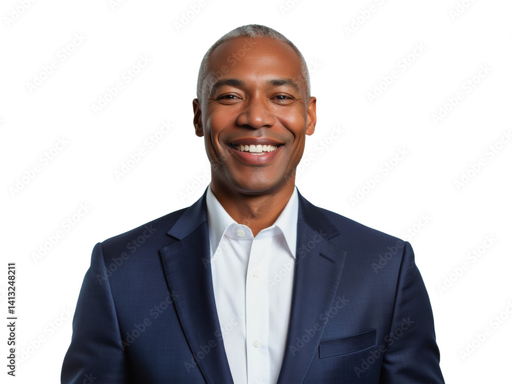 Business portrait isolated on white transparent background: A confident, mature Black man smiles genuinely at the camera, wearing a crisp white shirt and a navy blue suit jacket against a clean whit Business portrait isolated on white transparent background: A confident, mature Black man smiles genuinely at the camera, wearing a crisp white shirt and a navy blue suit jacket against a clean whit