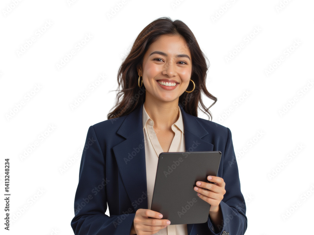 Business portrait isolated on white transparent background: A smiling Asian woman in a navy blazer and cream blouse confidently holds a tablet against a plain white background. Business portrait isolated on white transparent background: A smiling Asian woman in a navy blazer and cream blouse confidently holds a tablet against a plain white background.