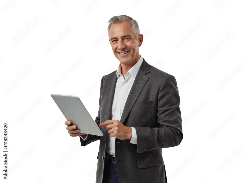 Business portrait isolated on white transparent background: A mature man in a gray suit and white shirt confidently presents a tablet while smiling directly at the viewer against a clean white backg Business portrait isolated on white transparent background: A mature man in a gray suit and white shirt confidently presents a tablet while smiling directly at the viewer against a clean white backg