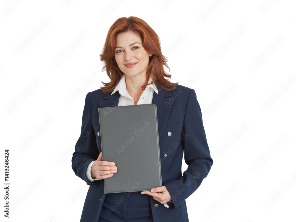 Business portrait isolated on white transparent background: A confident businesswoman with auburn hair smiles warmly while holding a black portfolio against a neutral background. Business portrait isolated on white transparent background: A confident businesswoman with auburn hair smiles warmly while holding a black portfolio against a neutral background.