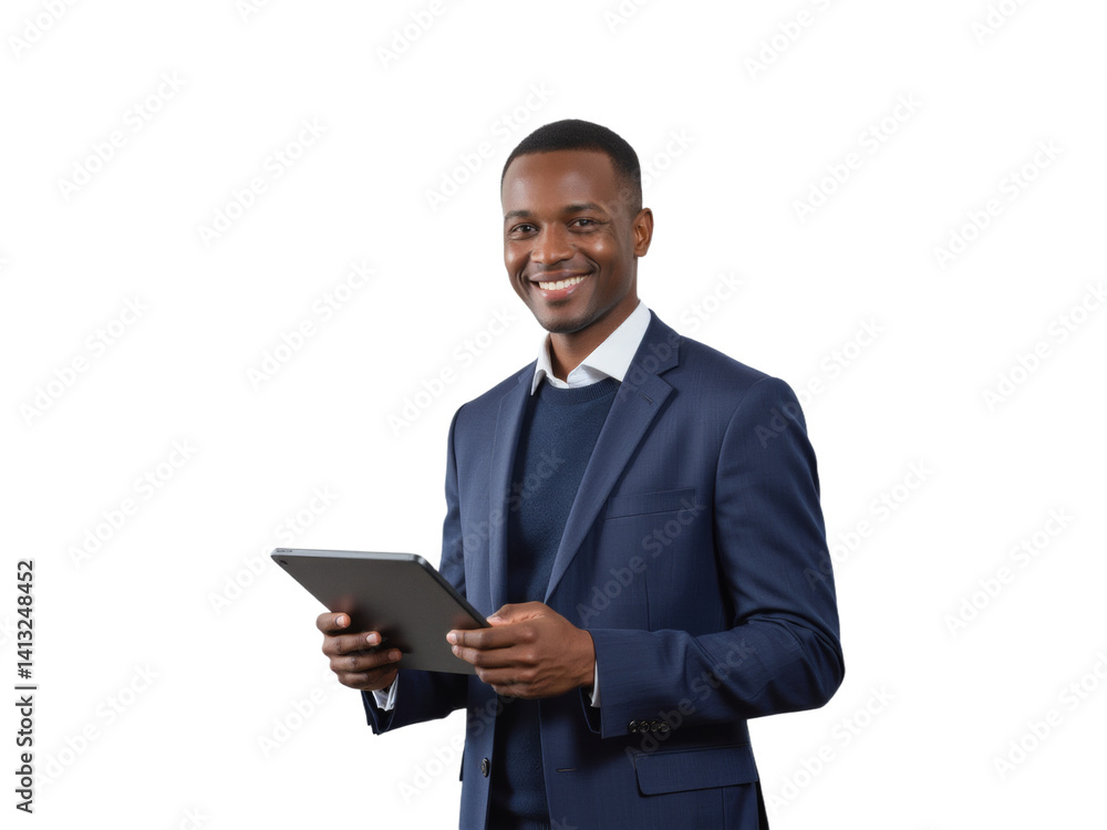 Business portrait isolated on white transparent background: A smiling Black businessman in a navy suit and sweater holds a tablet, conveying confidence and professionalism against a plain white back Business portrait isolated on white transparent background: A smiling Black businessman in a navy suit and sweater holds a tablet, conveying confidence and professionalism against a plain white back